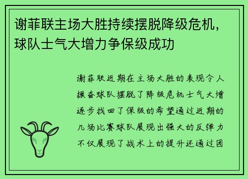 谢菲联主场大胜持续摆脱降级危机，球队士气大增力争保级成功